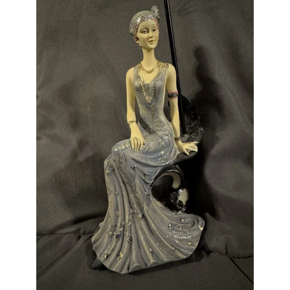 Art Deco Seated Lady Figurine Gray Dress on Black Metal Jewelry Stand Holder